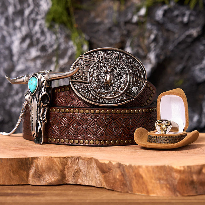 Forest Deer DIY Hidden Knife Belt Buckle With Bull Ring Bundle Set - Forest Deer - Brown Rivet Belt - 42 - image 4