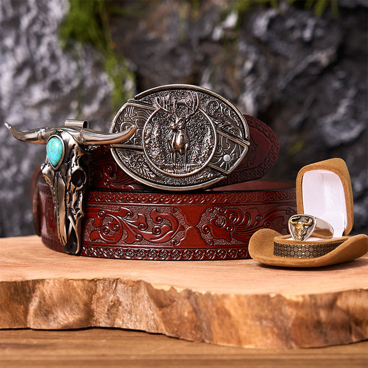 Forest Deer DIY Hidden Knife Belt Buckle With Bull Ring Bundle Set - Forest Deer - Brown Carved Belt - 42 - image 6