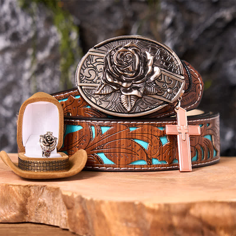 Rose Theme DIY Hidden Knife Belt Buckle Cross Pendant Rose Ring Bundle Set - Rose - Turquoise Carved Belt - 42 - image 4