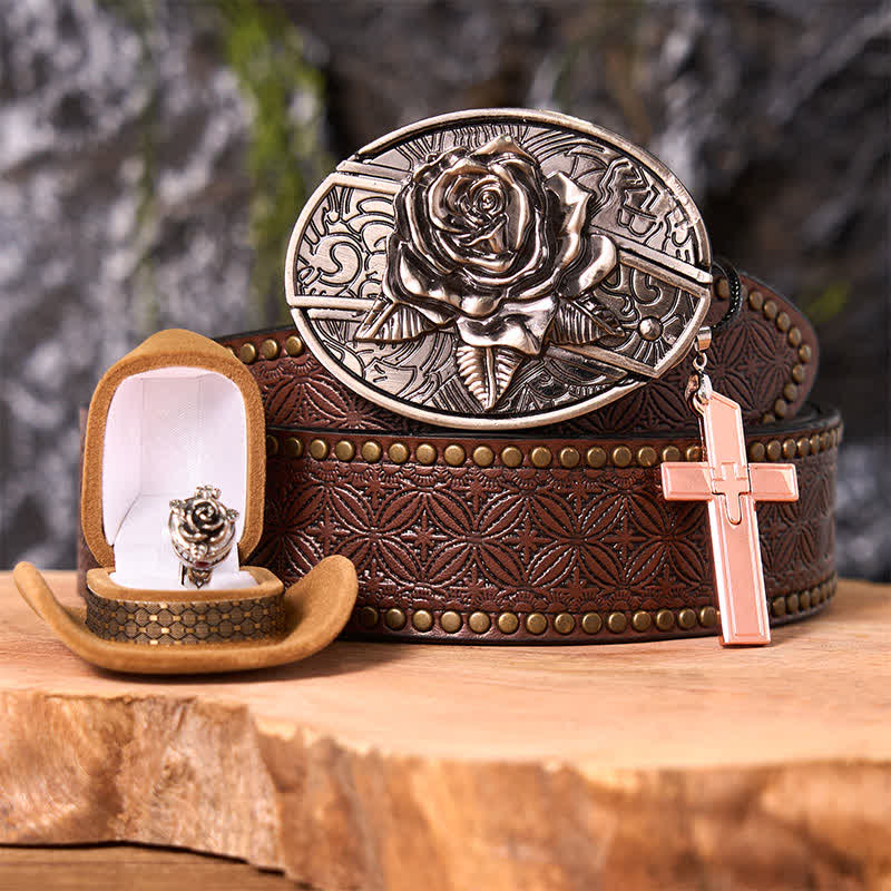 Rose Theme DIY Hidden Knife Belt Buckle Cross Pendant Rose Ring Bundle Set - Rose - Brown Rivet Belt - 42 - image 5
