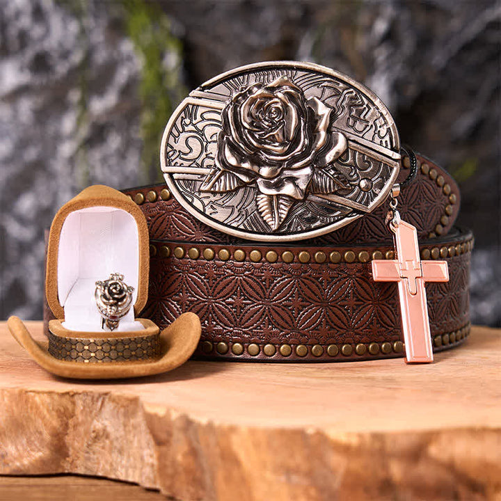 Rose Theme DIY Hidden Knife Belt Buckle Cross Pendant Rose Ring Bundle Set - Rose - Brown Rivet Belt - 42 - image 5