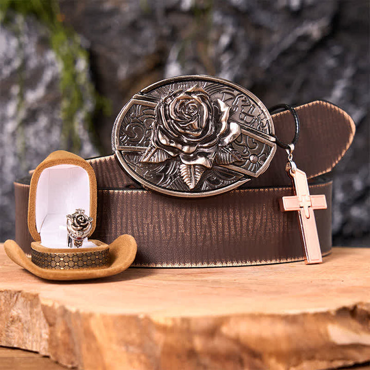 Rose Theme DIY Hidden Knife Belt Buckle Cross Pendant Rose Ring Bundle Set - Rose - Brown Distressed Belt - 42 - image 6