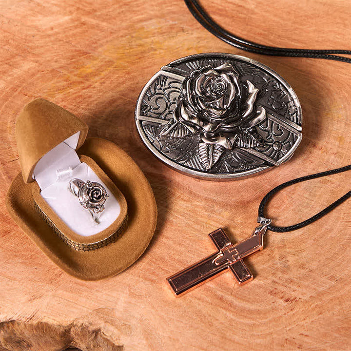 Rose Theme DIY Hidden Knife Belt Buckle Cross Pendant Rose Ring Bundle Set - Rose - Without Belt - Not Included Belt - image 1