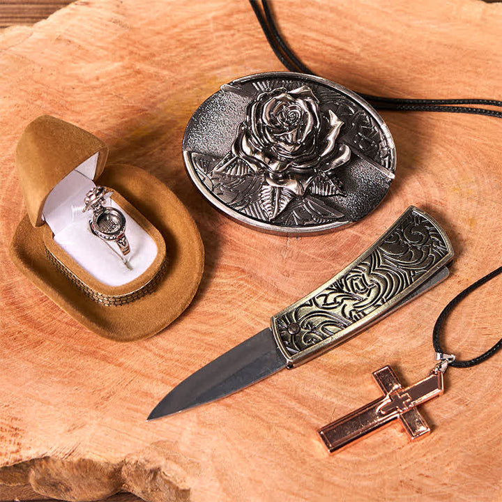 Rose Theme DIY Hidden Knife Belt Buckle Cross Pendant Rose Ring Bundle Set - image 2