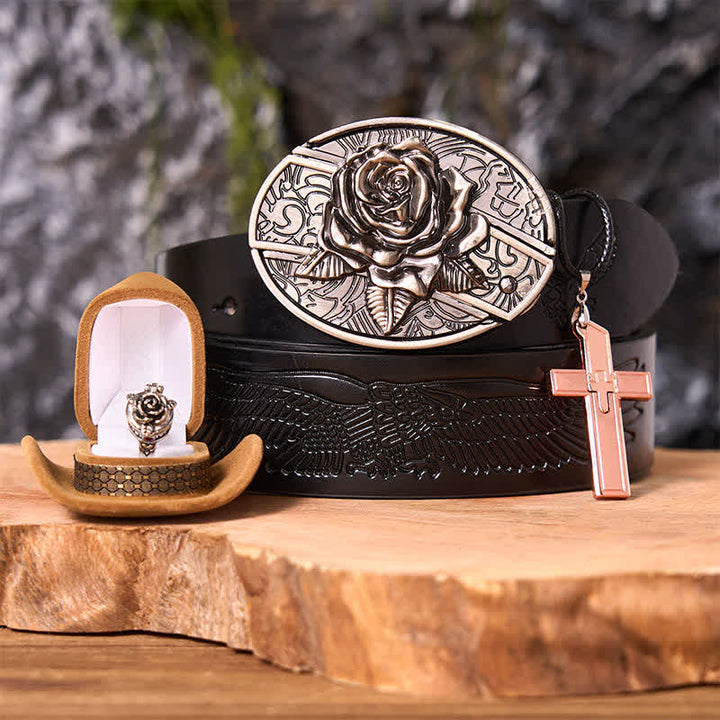 Rose Theme DIY Hidden Knife Belt Buckle Cross Pendant Rose Ring Bundle Set - Rose - Black Embossed Eagle Belt - 42 - image 3