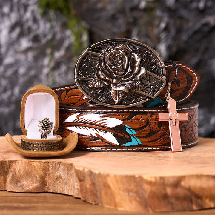 Rose Theme DIY Hidden Knife Belt Buckle Cross Pendant Rose Ring Bundle Set - Rose - Brown Feather Belt - 40 - image 7