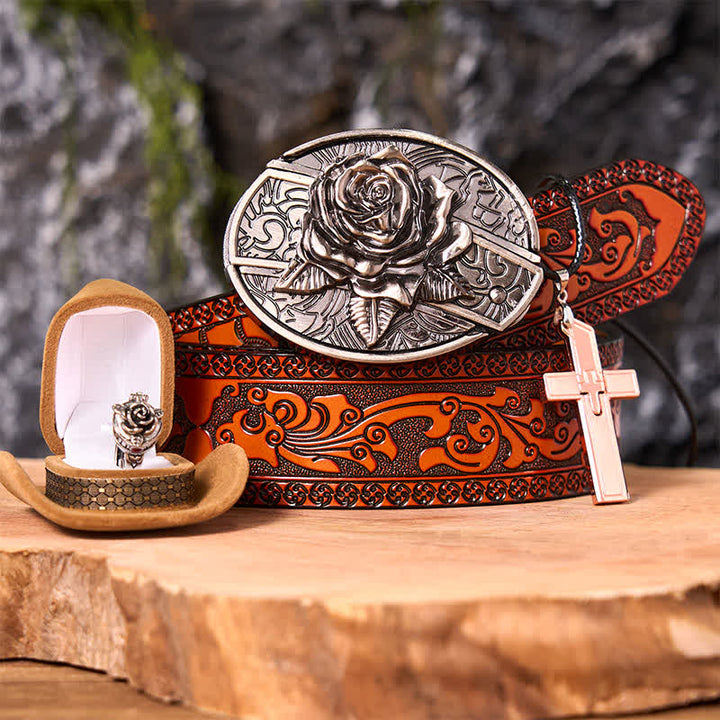 Rose Theme DIY Hidden Knife Belt Buckle Cross Pendant Rose Ring Bundle Set - Rose - Orange Carved Belt - 42 - image 0