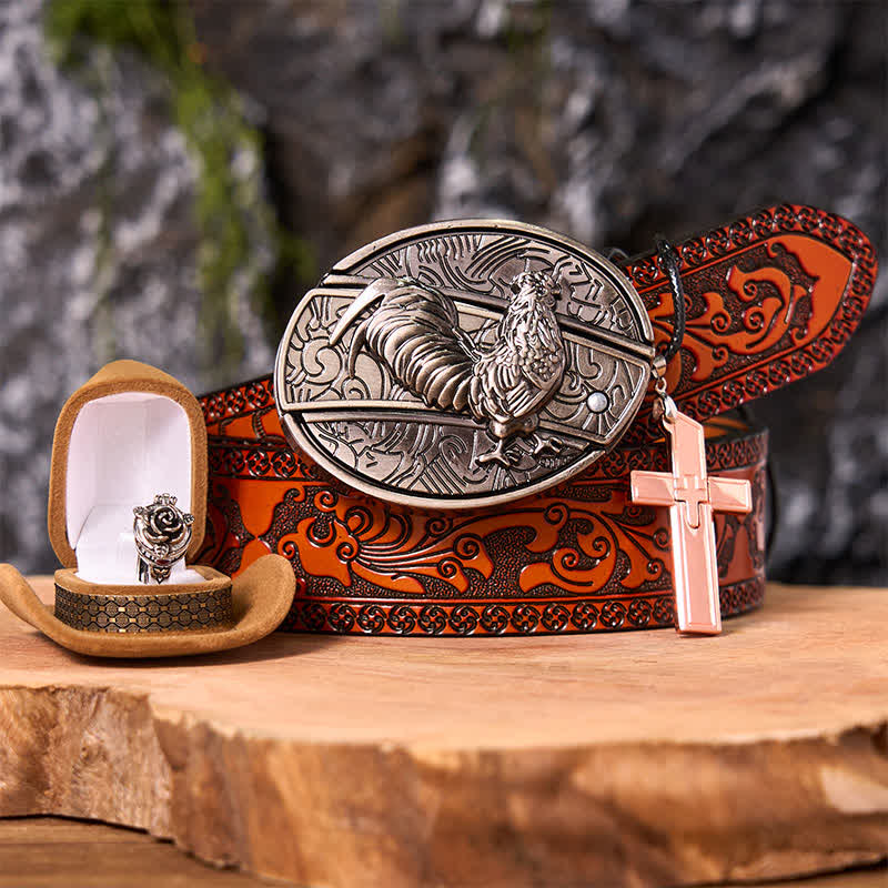 Funny Cock DIY Hidden Knife Belt Buckle Cross Pendant Rose Ring Bundle Set - Cock - Orange Carved Belt - 42 - image 0