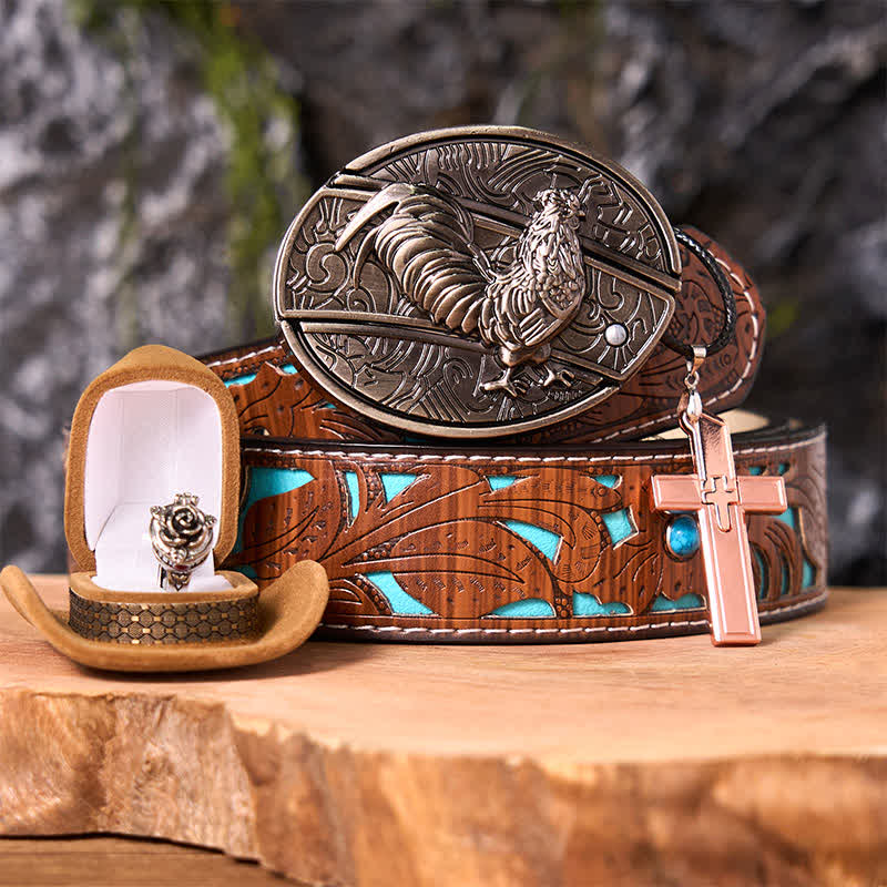 Funny Cock DIY Hidden Knife Belt Buckle Cross Pendant Rose Ring Bundle Set - Cock - Turquoise Carved Belt - 42 - image 4