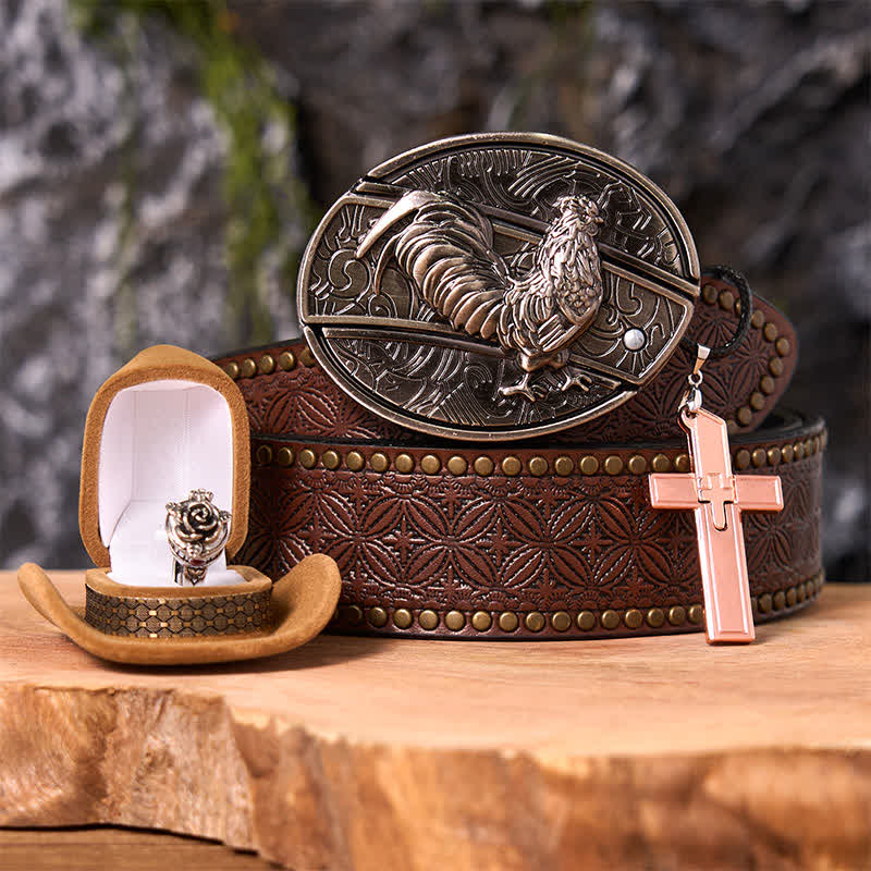 Funny Cock DIY Hidden Knife Belt Buckle Cross Pendant Rose Ring Bundle Set - Cock - Brown Rivet Belt - 42 - image 5