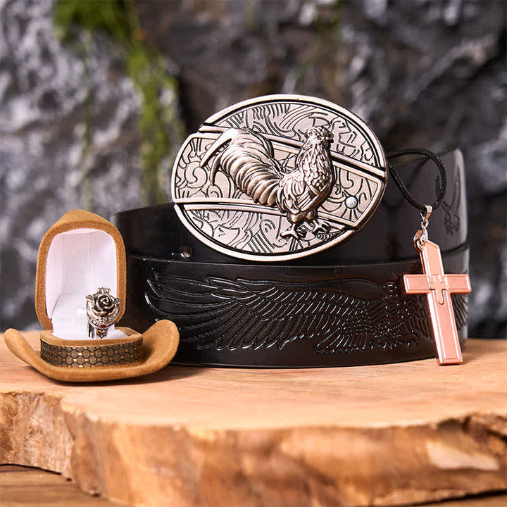Funny Cock DIY Hidden Knife Belt Buckle Cross Pendant Rose Ring Bundle Set - Cock - Black Embossed Eagle Belt - 42 - image 3