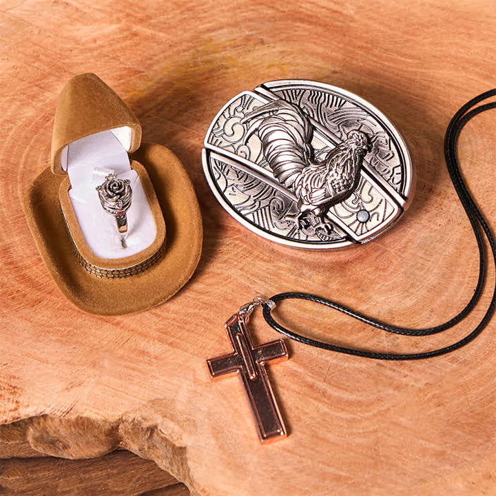 Funny Cock DIY Hidden Knife Belt Buckle Cross Pendant Rose Ring Bundle Set - Cock - Without Belt - Not Included Belt - image 1