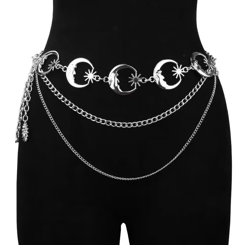 Women's Moon And Star Chain Belt Metal Waist Chain - Silver - Moon-Three Layers Chain - image 5