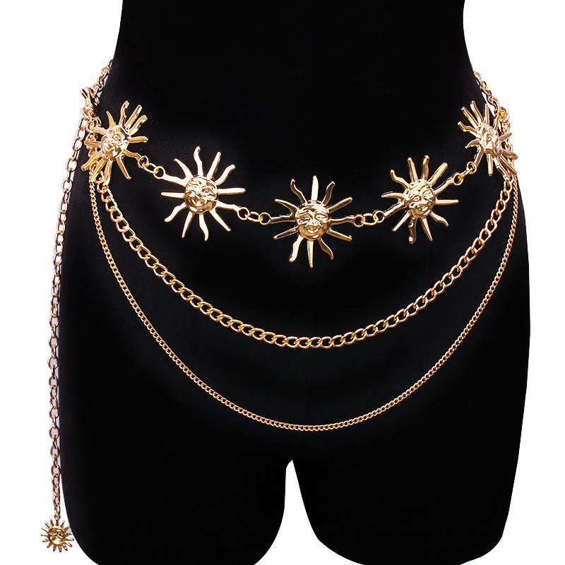 Women's Moon And Star Chain Belt Metal Waist Chain - Gold - Sun-Three Layers Chain - image 9