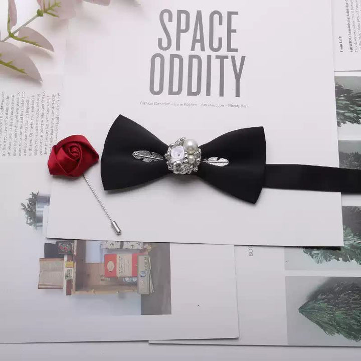 2Pcs Men's Gold Metal Pearl Flower Decors Red Corsage Bow Tie Set - Style #7 - image 7