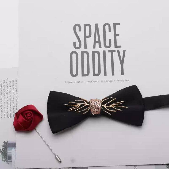 2Pcs Men's Gold Metal Pearl Flower Decors Red Corsage Bow Tie Set - Style #4 - image 4