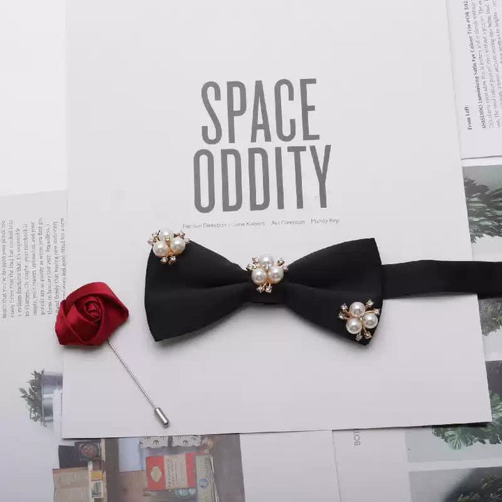 2Pcs Men's Gold Metal Pearl Flower Decors Red Corsage Bow Tie Set - Style #5 - image 5