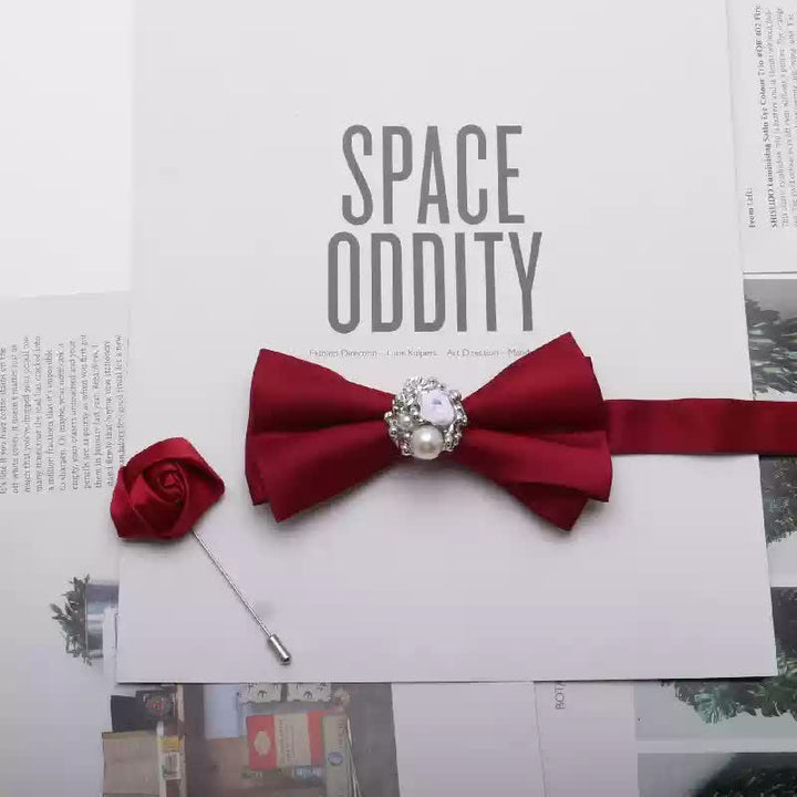 2Pcs Men's Gold Metal Pearl Flower Decors Red Corsage Bow Tie Set - Style #1 - image 1