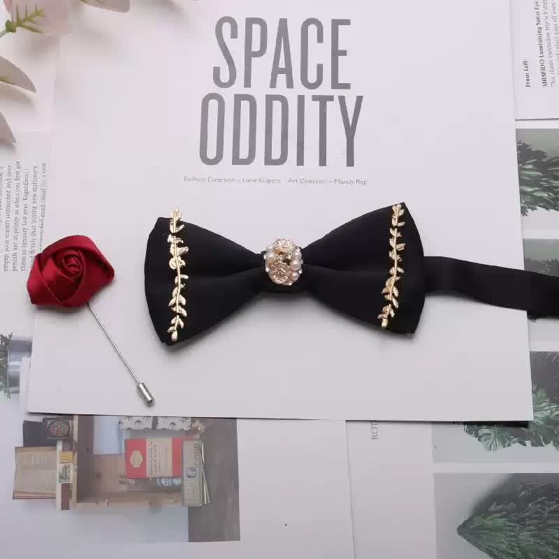 2Pcs Men's Gold Metal Pearl Flower Decors Red Corsage Bow Tie Set - Style #6 - image 6