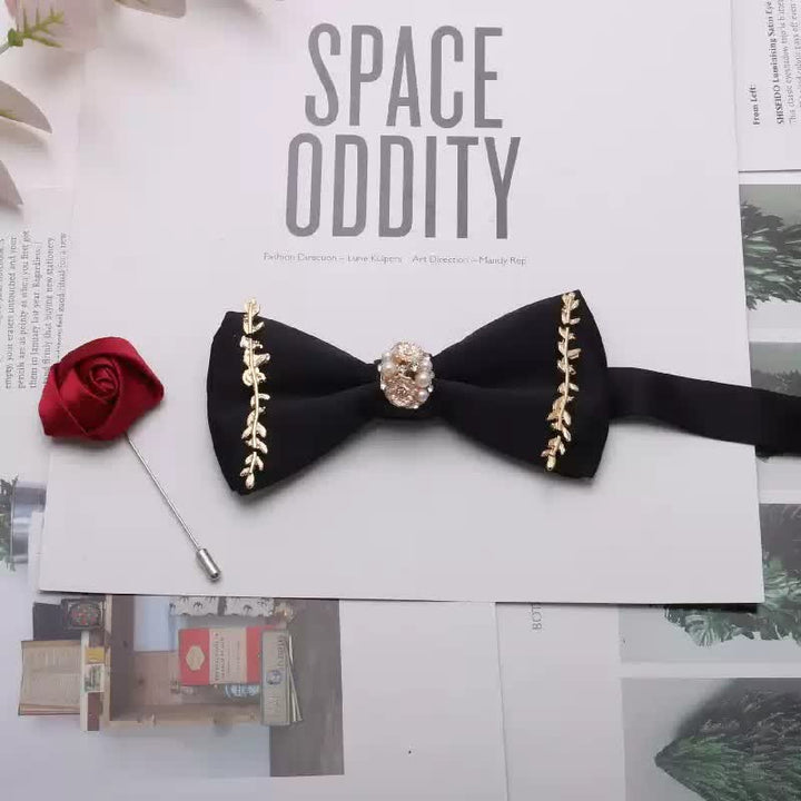 2Pcs Men's Gold Metal Pearl Flower Decors Red Corsage Bow Tie Set - Style #6 - image 6