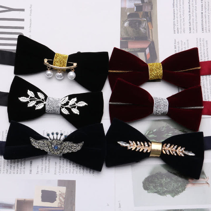 Men's Graceful Velvet Decorative Rhinestone Metal Bow Tie
