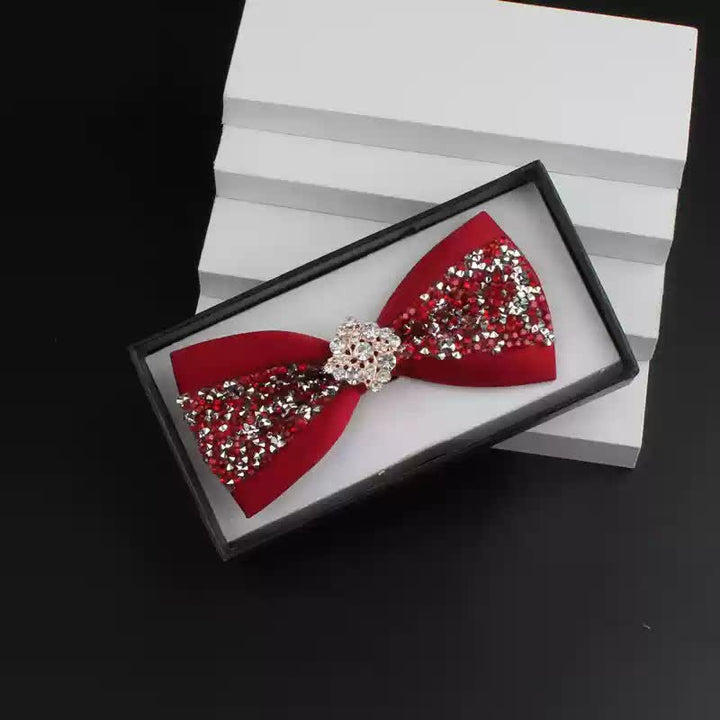 2Pcs Men's Shiny Rhinestone Bling Red Corsage Bow Tie Set - Red #1 - Bow Tie - image 5