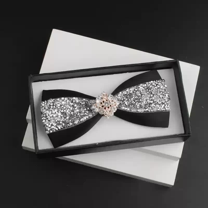 2Pcs Men's Shiny Rhinestone Bling Red Corsage Bow Tie Set - Black #1 - Bow Tie - image 1
