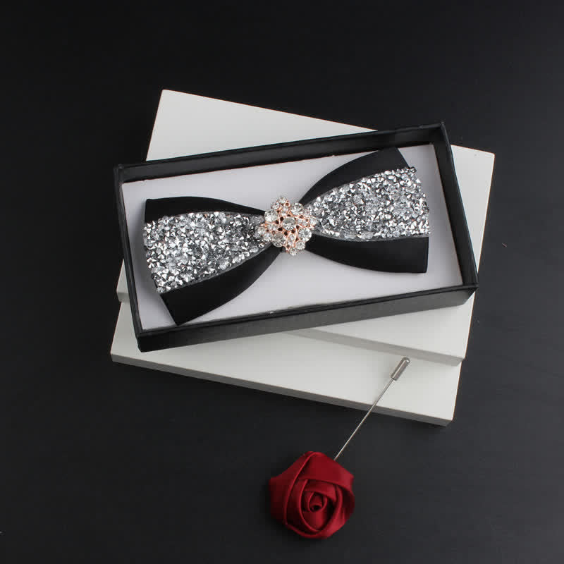 2Pcs Men's Shiny Rhinestone Bling Red Corsage Bow Tie Set - Black #1 - Bow Tie + Corsage - image 0