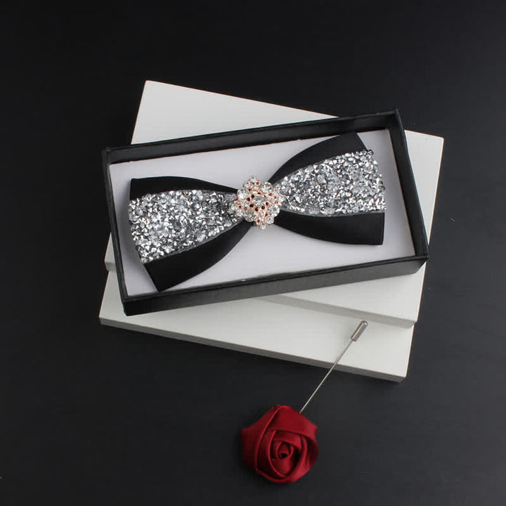 2Pcs Men's Shiny Rhinestone Bling Red Corsage Bow Tie Set - Black #1 - Bow Tie + Corsage - image 0