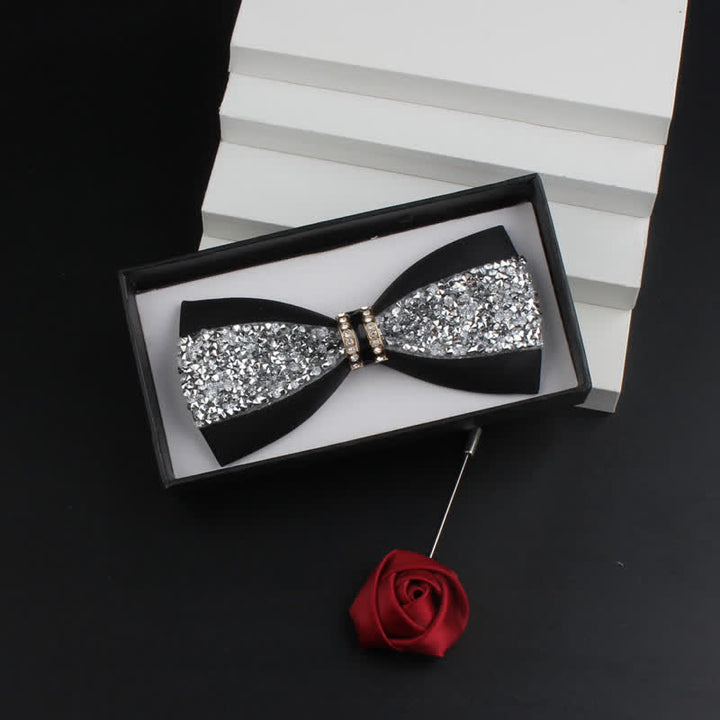 2Pcs Men's Shiny Rhinestone Bling Red Corsage Bow Tie Set - Black #2 - Bow Tie + Corsage - image 2