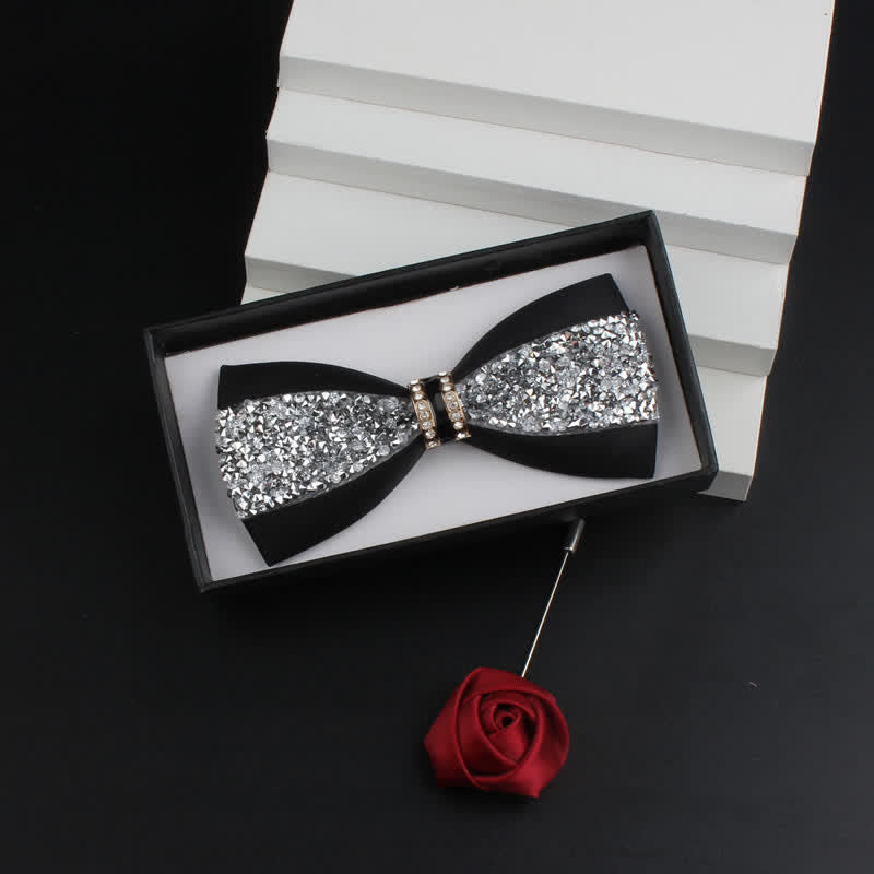 2Pcs Men's Shiny Rhinestone Bling Red Corsage Bow Tie Set - Black #2 - Bow Tie + Corsage - image 2