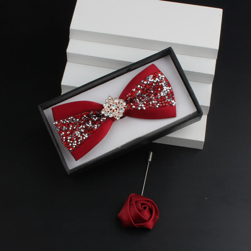 2Pcs Men's Shiny Rhinestone Bling Red Corsage Bow Tie Set - Red #1 - Bow Tie + Corsage - image 4