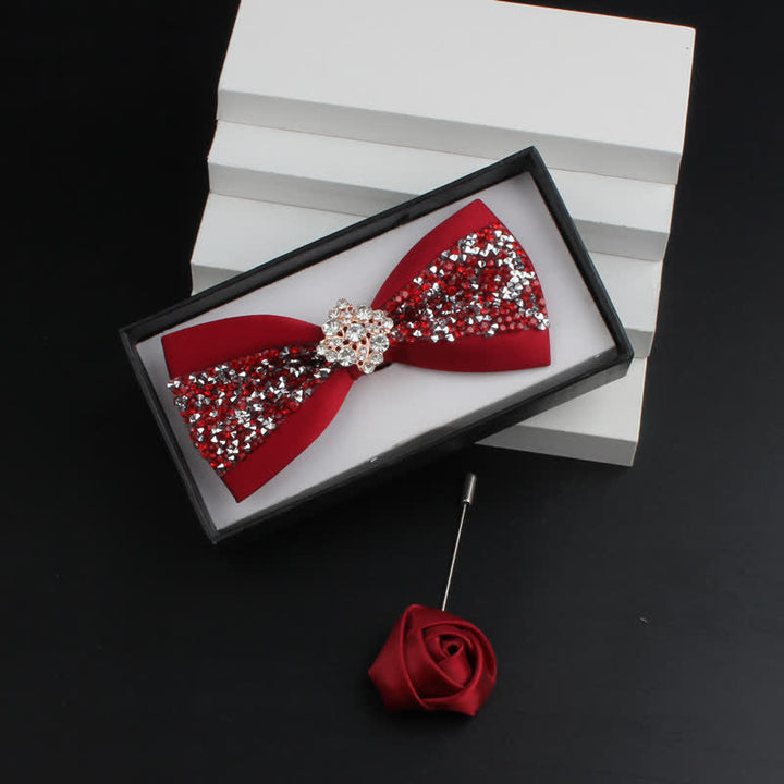 2Pcs Men's Shiny Rhinestone Bling Red Corsage Bow Tie Set - Red #1 - Bow Tie + Corsage - image 4