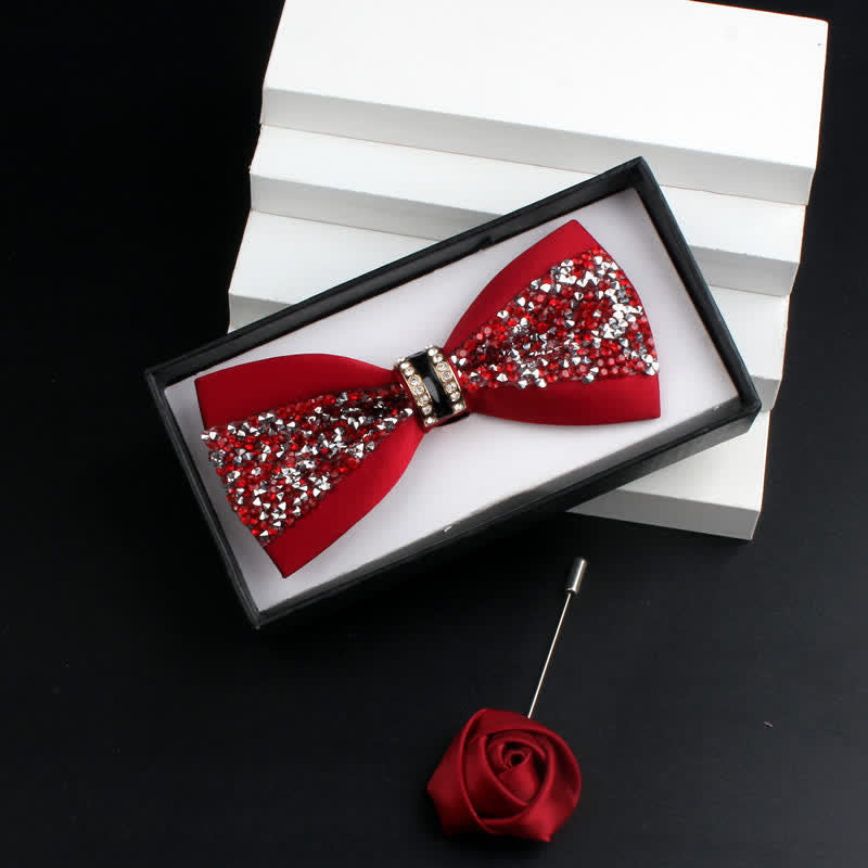 2Pcs Men's Shiny Rhinestone Bling Red Corsage Bow Tie Set - Red #2 - Bow Tie + Corsage - image 6