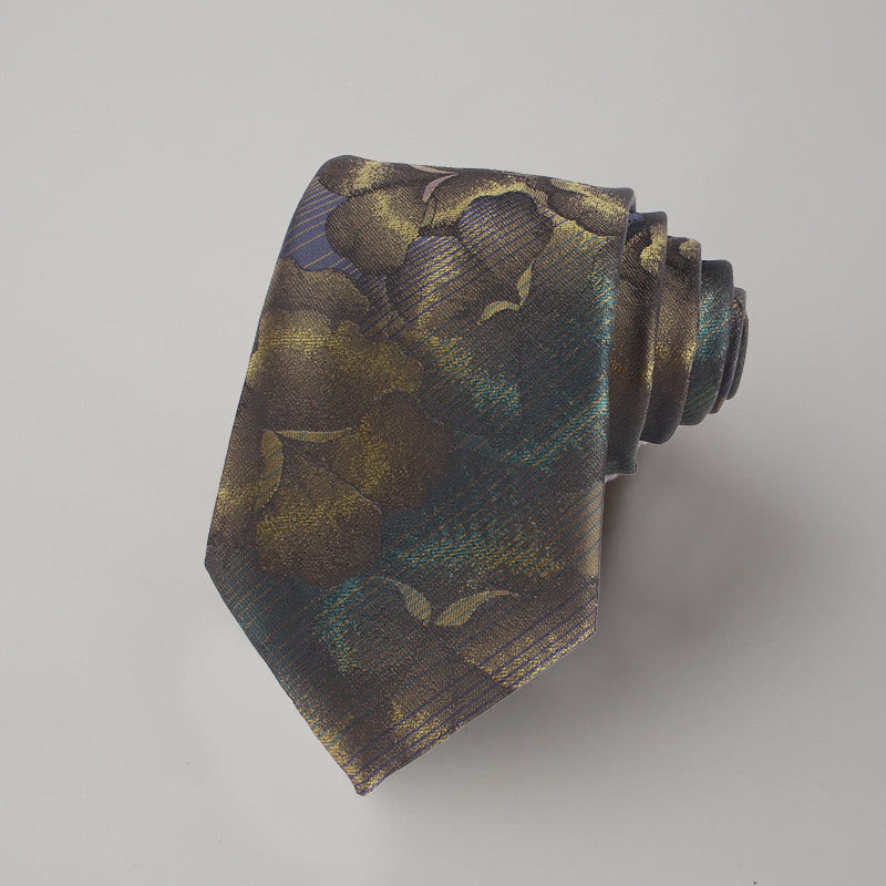 Men's Dark Color Flower Pattern Necktie Pocket Square Set - Necktie - Dark Gold - image 2