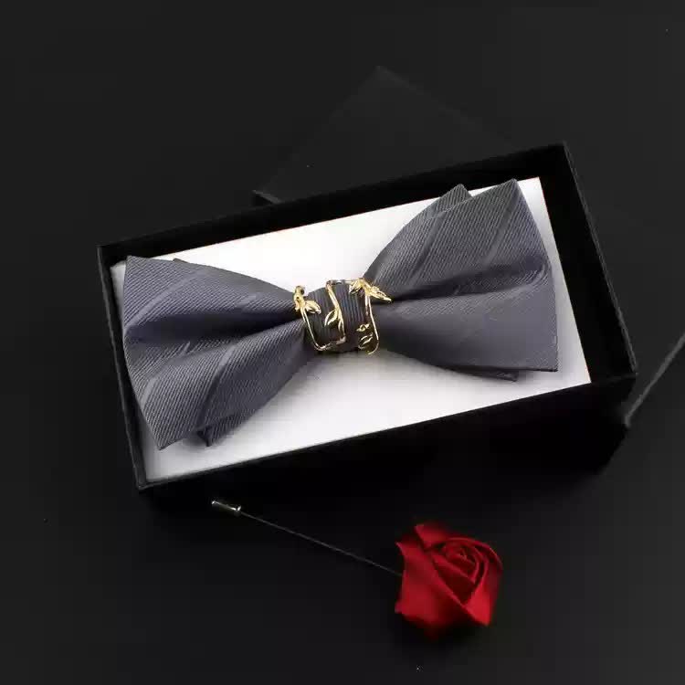 2Pcs Men's Gold Vine Leaf Red Corsage Bow Tie Set