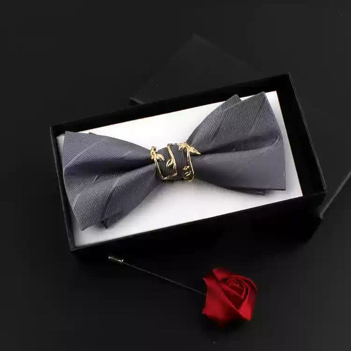 2Pcs Men's Gold Vine Leaf Red Corsage Bow Tie Set