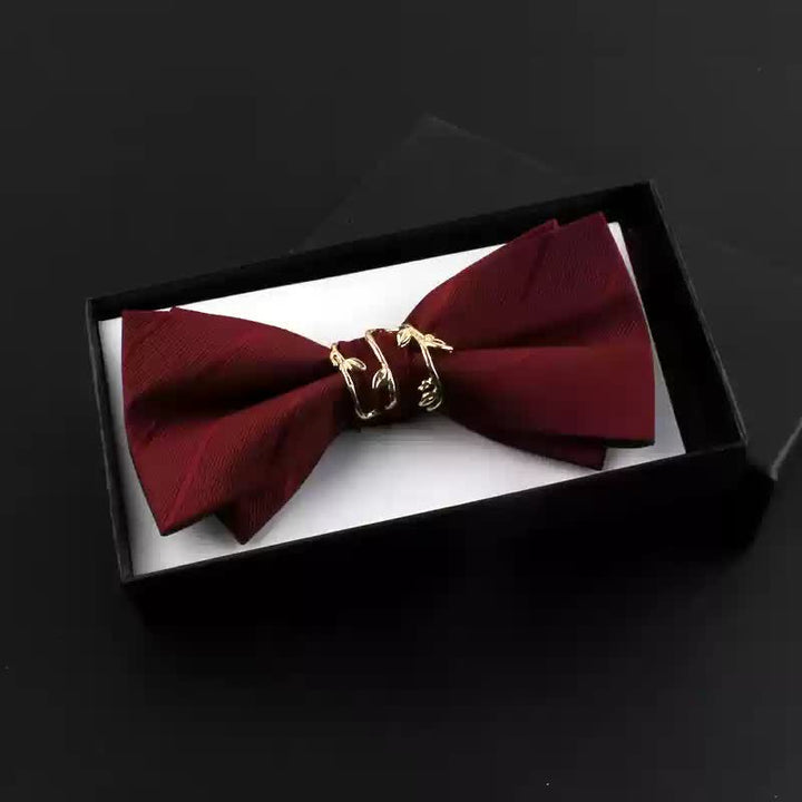 2Pcs Men's Gold Vine Leaf Red Corsage Bow Tie Set - Burgundy - Bow Tie - image 1