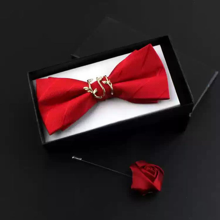 2Pcs Men's Gold Vine Leaf Red Corsage Bow Tie Set - Red - Bow Tie + Corsage - image 2