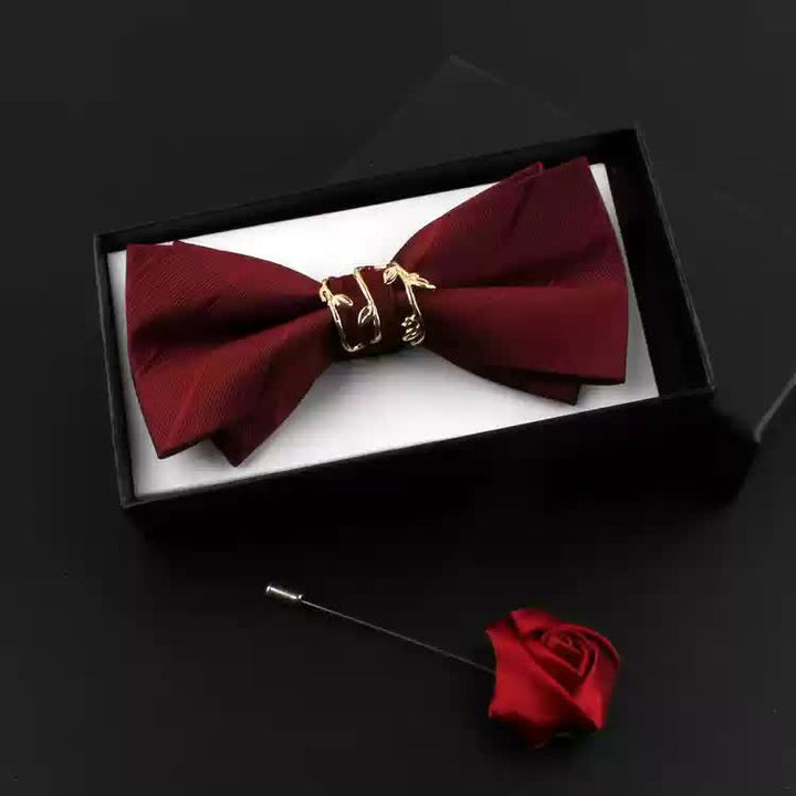 2Pcs Men's Gold Vine Leaf Red Corsage Bow Tie Set