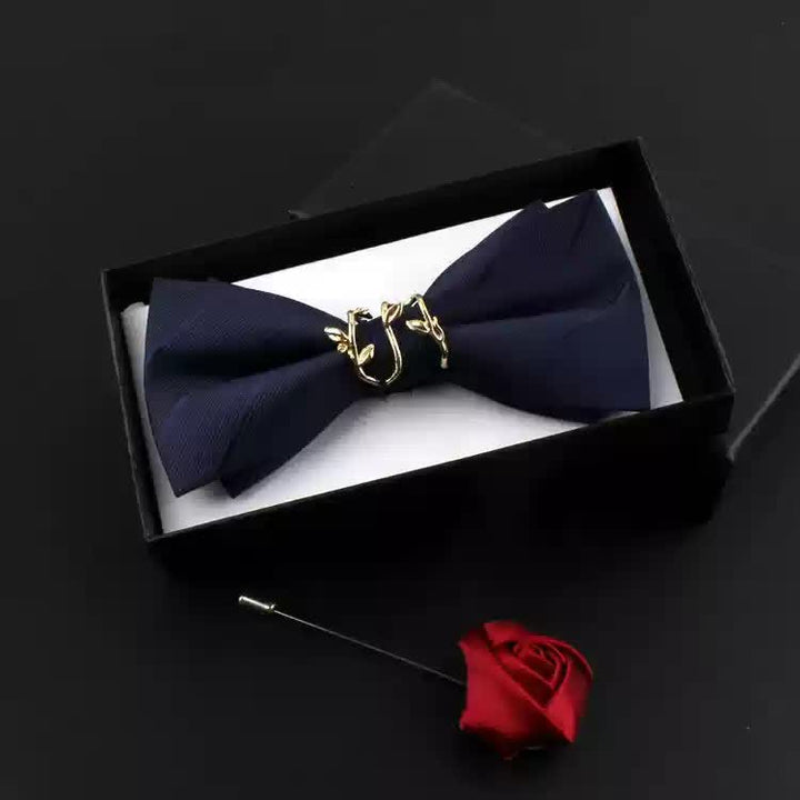 2Pcs Men's Gold Vine Leaf Red Corsage Bow Tie Set - Navy - Bow Tie + Corsage - image 4