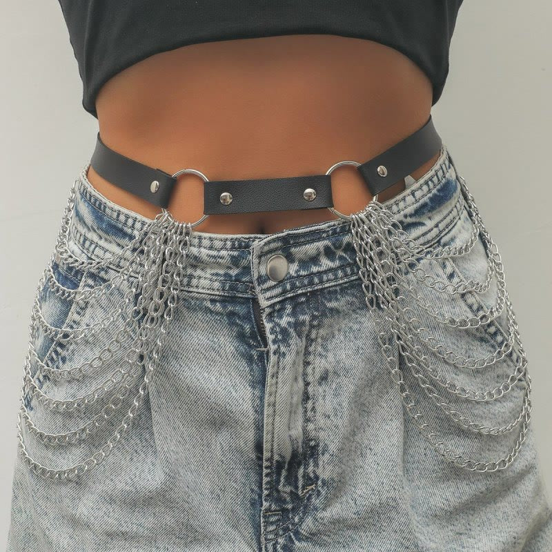 Punk Chain Belt Seven Layers Chain Leather Belt - Silver - 32 - image 0