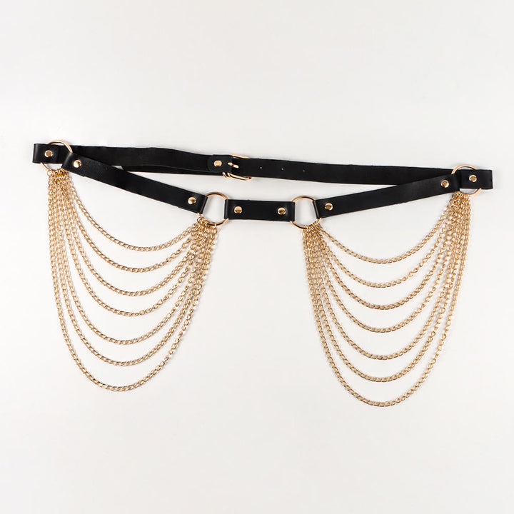Punk Chain Belt Seven Layers Chain Leather Belt - Gold - 32 - image 14