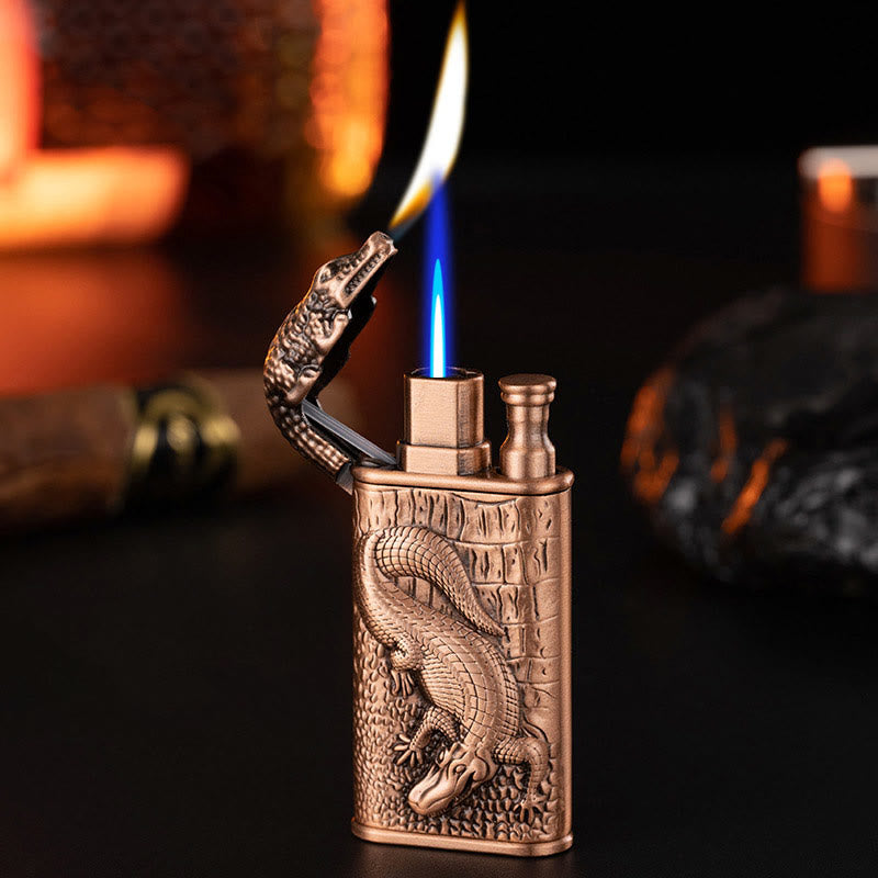 Double Flame Embossed Alligator Head Refillable Butane Lighter - Copper - image 13