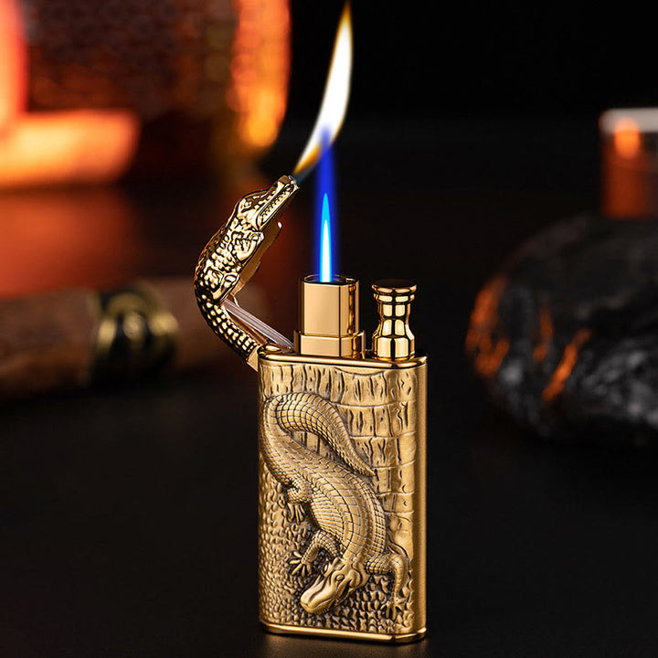 Double Flame Embossed Alligator Head Refillable Butane Lighter - Dark Gold - image 0