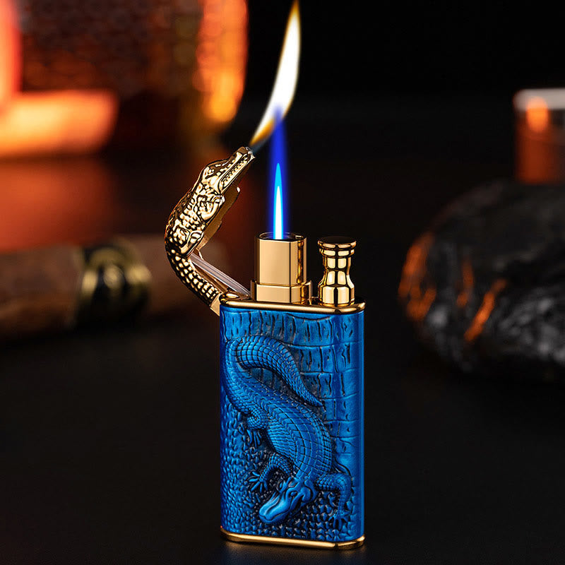 Double Flame Embossed Alligator Head Refillable Butane Lighter - DarkBlue - image 16