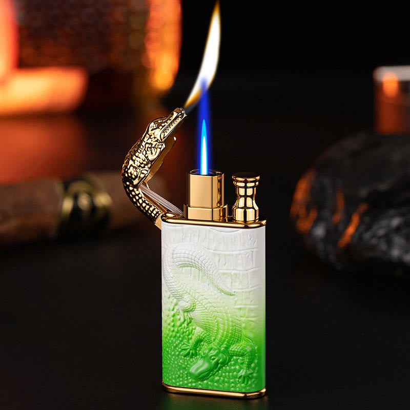 Double Flame Embossed Alligator Head Refillable Butane Lighter - YellowGreen - image 12