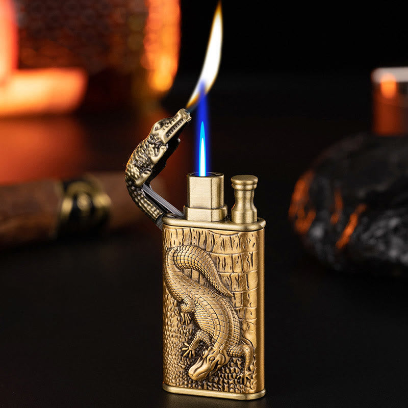 Double Flame Embossed Alligator Head Refillable Butane Lighter - Goldenrod - image 14