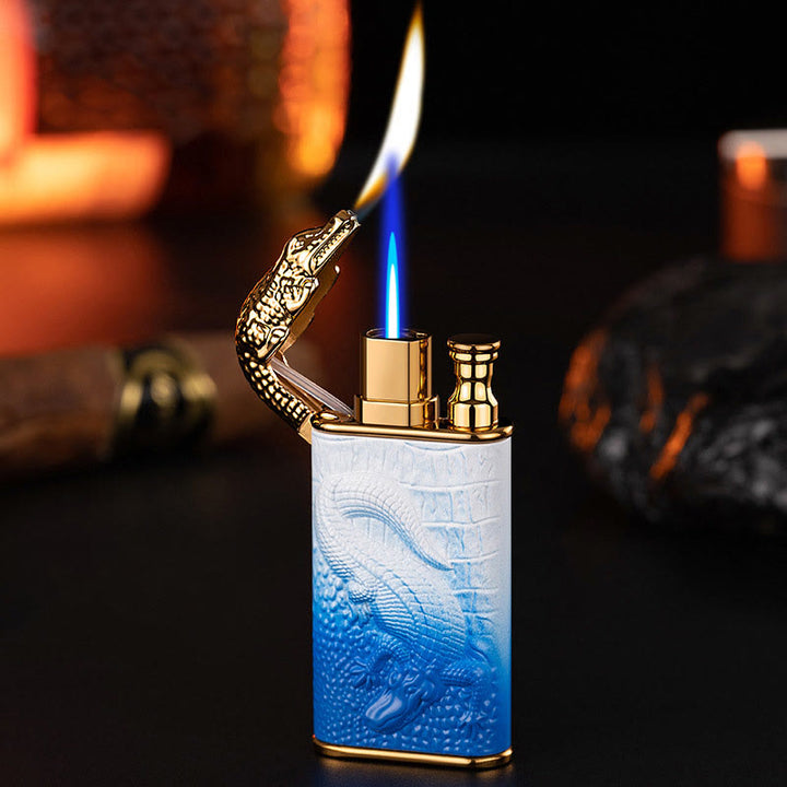 Double Flame Embossed Alligator Head Refillable Butane Lighter - DeepSkyBlue - image 11