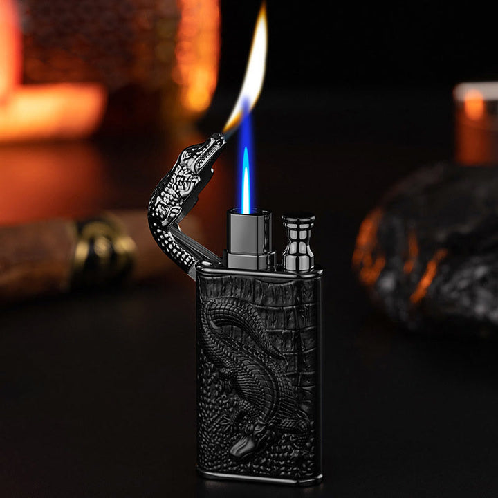Double Flame Embossed Alligator Head Refillable Butane Lighter - Black - image 15